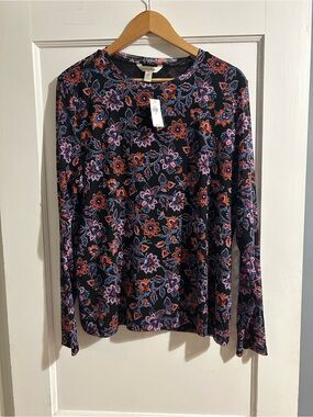 Banana Republic Black Long-Sleeve Floral Tee with Pink & Orange Print